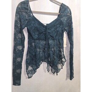 Y2K Sheer Long Sleeve Lace Top Blue Mesh Drawstring Grunge Whimsigoth Babydoll